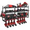 4-Tier Wall Mounted Tool Rack in Black Carbon Steel with 8 Drill Slots and Mesh Shelves